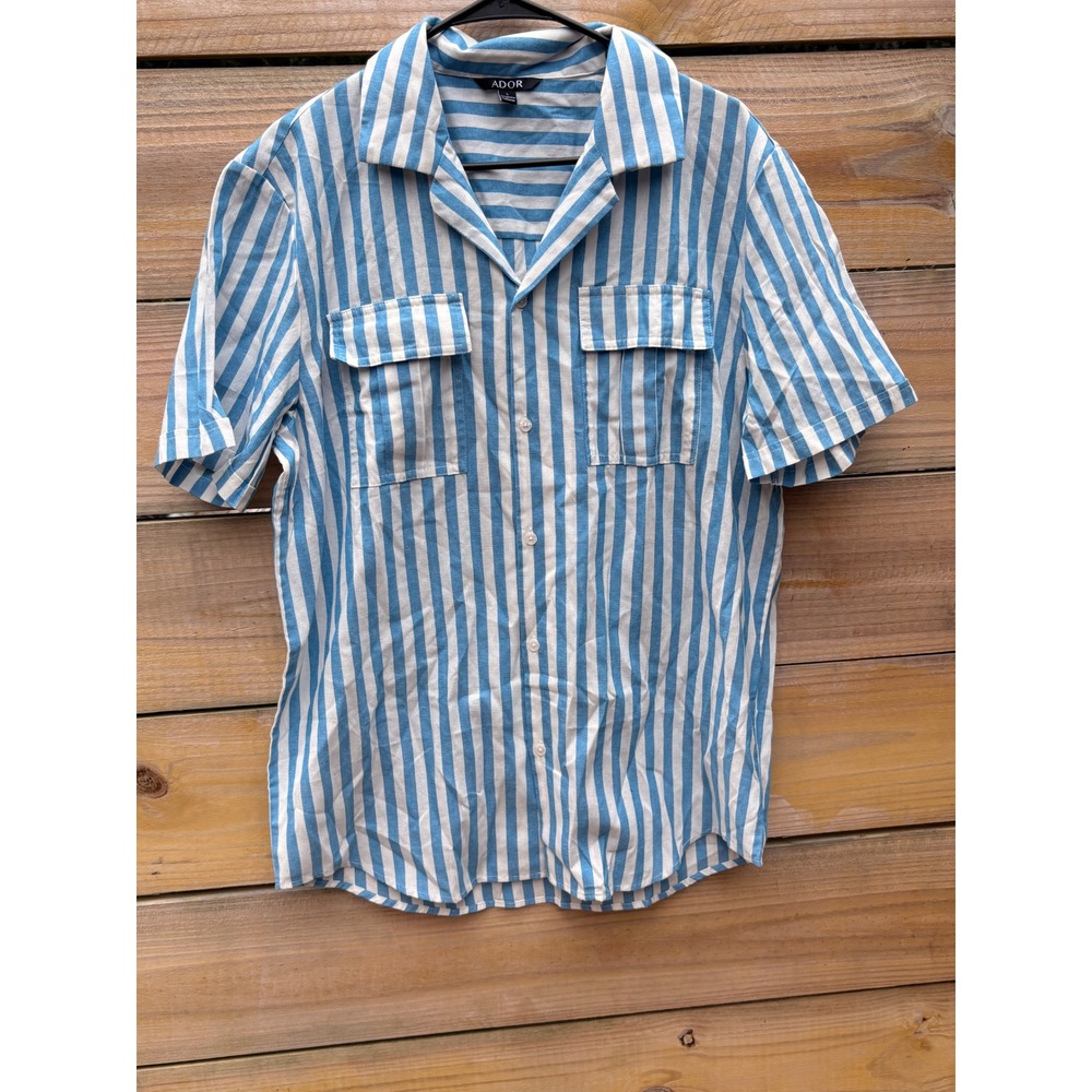 ADOR Mens Blue White Striped Cotton Linen Short Sleeve Camp Collar Shirt Large